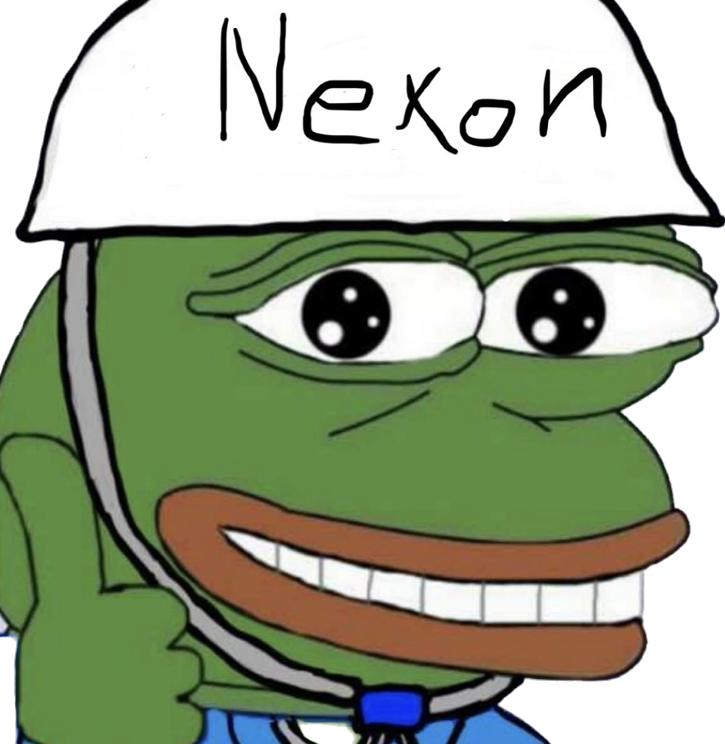 'Nexon'이라고 손글씨로 적힌 흰 안전모를 쓰고 엄지를 치켜든 개구리 페페 밈.
