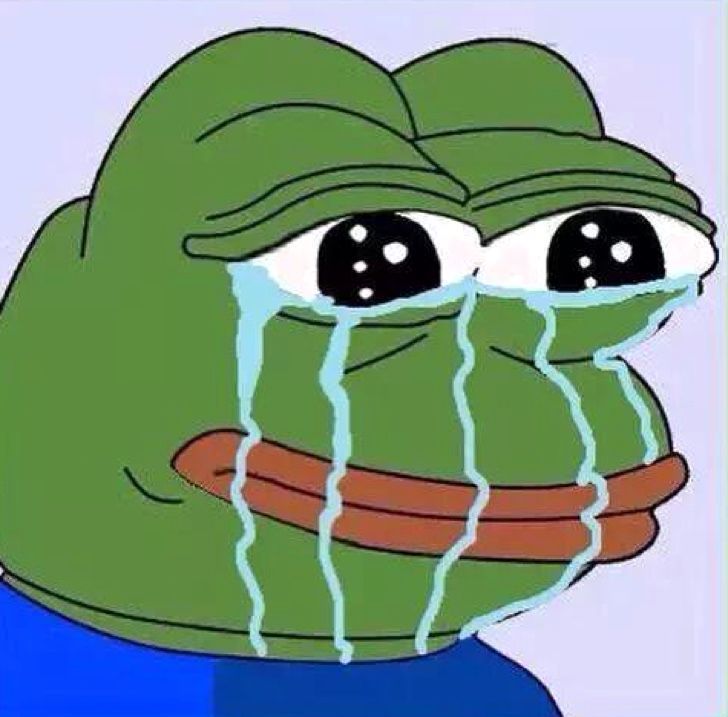 눈물을 뚝뚝 흘리며 우는 개구리 페페 밈.