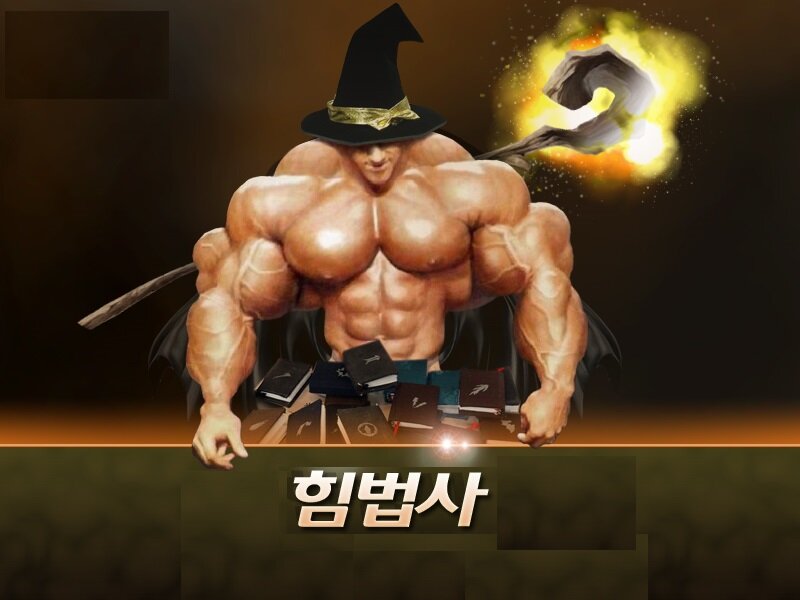 합성 짤. 마법사 모자를 쓰고 마법서를 펼친 채 불덩이를 띄우고 있는데 몸은 근육질 보디빌더이고, 아래에 '힘법사'라고 적혀 있다.